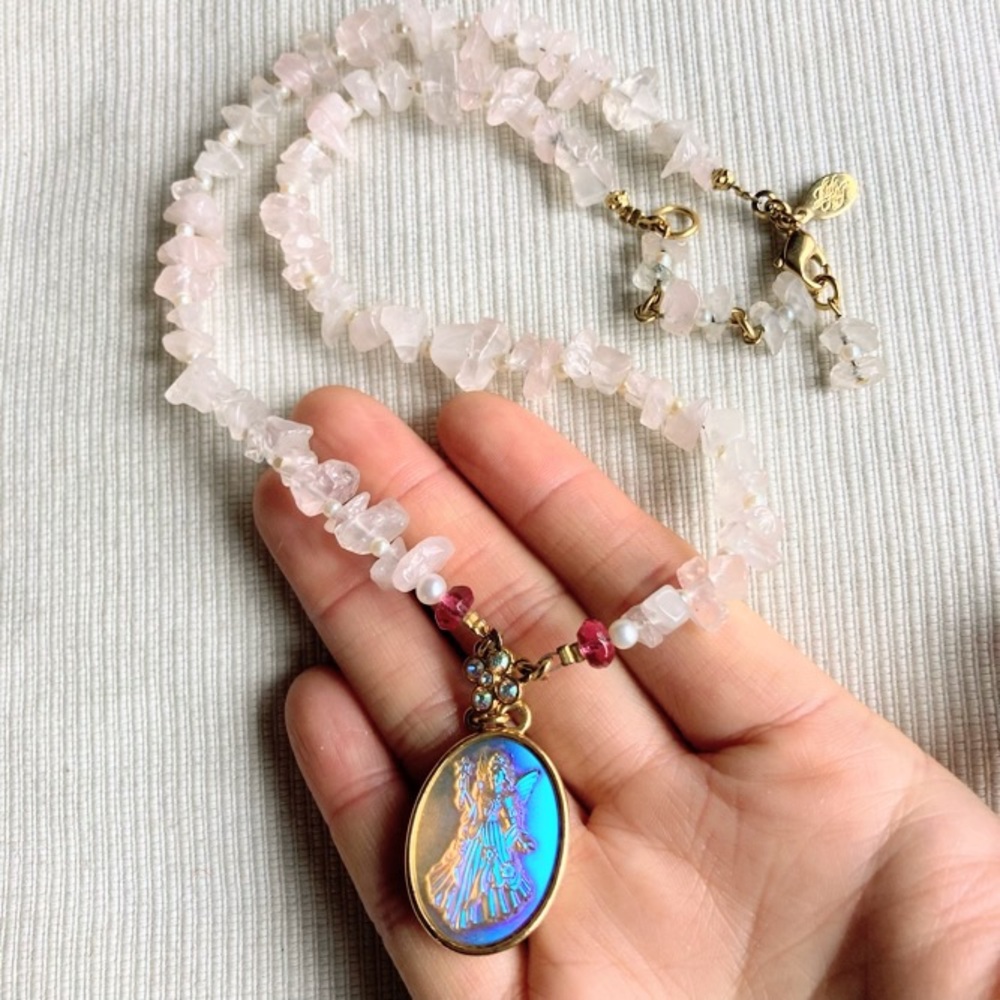 Vintage Kirks Folly Fairy Godmother Aurora Borealis Pink Quartz Crystal Necklace